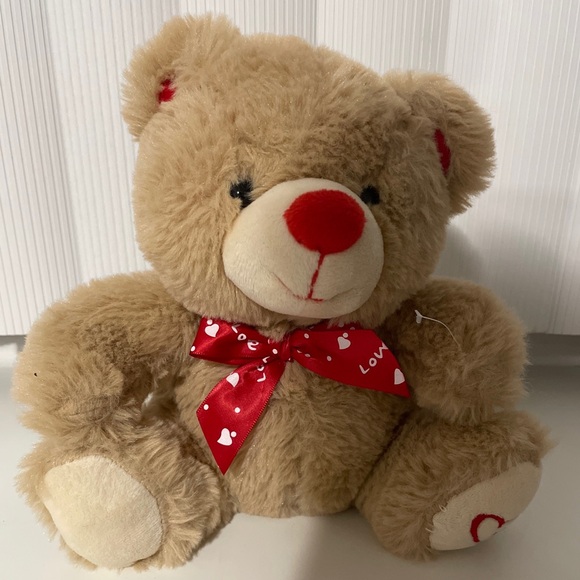 Cute Teddy Bear Plush Stuffed Animal Valentines Gift Hearts And Love Red Bow 9” - Picture 1 of 7